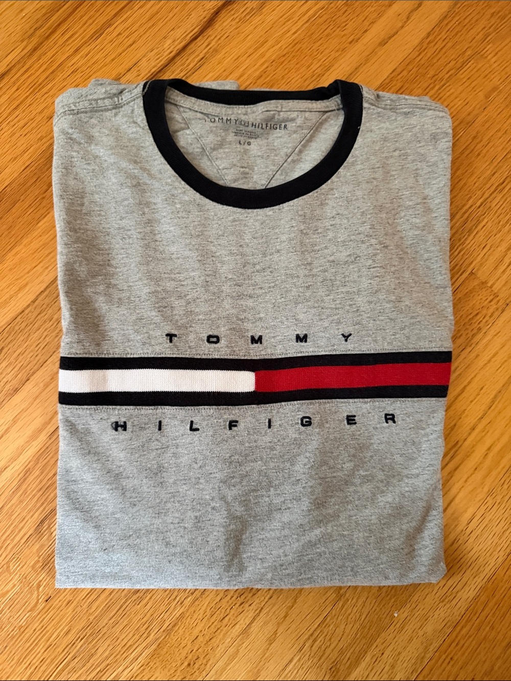Tommy Hilfiger Gray Short Sleeve Crewneck Tee with Red, White & Navy Stripe